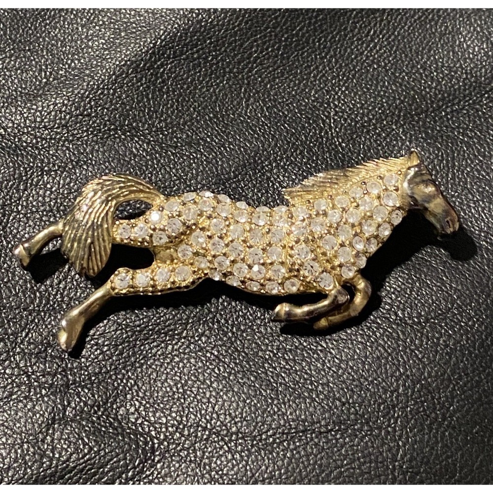 Rare & Fabulous Vintage Horse Gold Tone / Clear Rhinestones Brooch Animal Lover